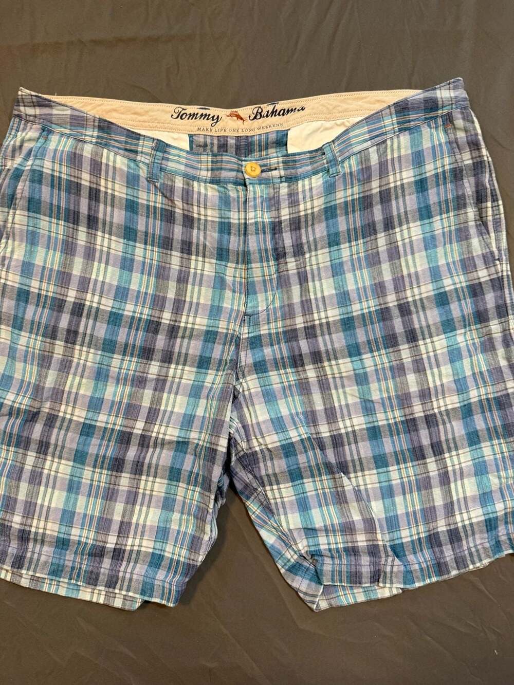 Tommy Bahama Plaid Linen Blend Shorts Men’s 40 Blue Teal Flat Front